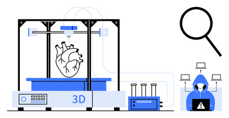 3D printer crafting anatomical heart, magnifying glass, test tubes, and hacker highlight innovation,...