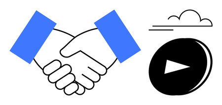 Handshake representing partnership, play button indicating media or start, cloud symbol for...
