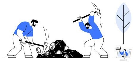 Cryptocurrency mining. Workers breaking rocks to extract digital coins, cryptocurrency mining...