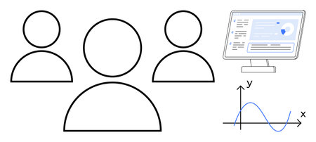 Three user icons represent teamwork and collaboration, a computer screen displays data for...