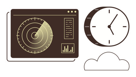 Radar panel tracking data with analytics, analog clock, and cloud outline. Ideal for time...