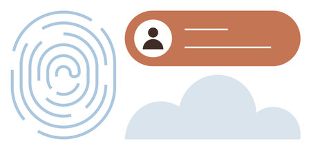 Fingerprint icon, user profile box, and abstract cloud graphic emphasize secure login, data access,...
