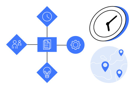 Centralized task connection with icons for time, teamwork, ideas, and locations. Ideal for project planning, workflow, productivity, organization innovation teamwork business strategy. Simple flatのイラスト素材