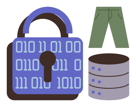 Purple lock with binary code represents cybersecurity, alongside green pants and server stack. Ideal...