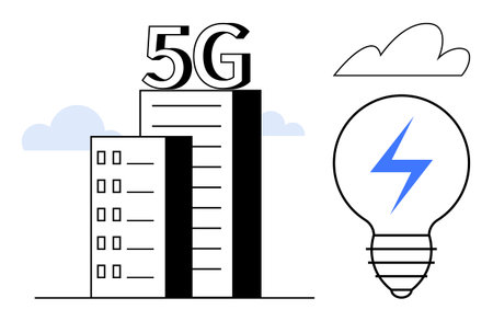 Tower labeled 5G, light bulb featuring energy symbol, and minimal clouds. Ideal for technology,...