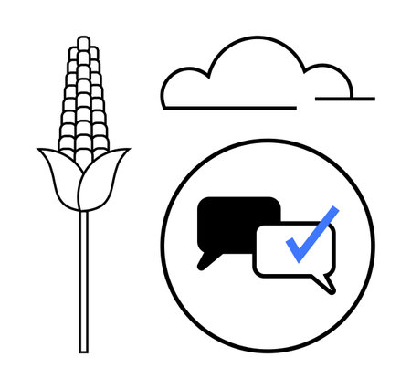 Corn plant, cloud, speech bubbles with checkmark highlight sustainable farming, climate awareness,...