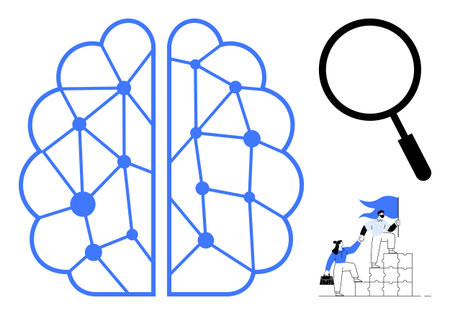 Blue neural brain network with connecting nodes, magnifying glass, and two people climbing blocks....