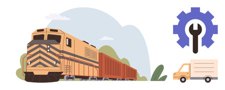 Freight train on tracks, delivery truck, and gear with wrench symbolizing transportation, repair,...