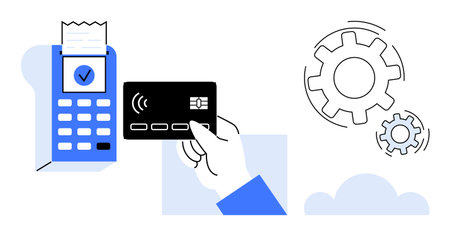 Hand holding card near reader for payment, receipt generated, gears representing automation. Ideal...