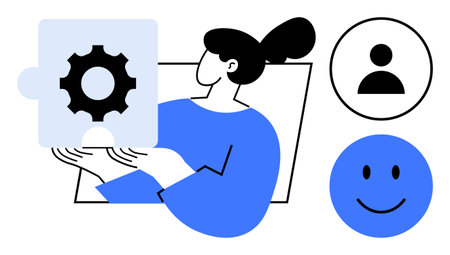User interaction concept. Gear icon, human profile, and happy face with a woman personalization and...