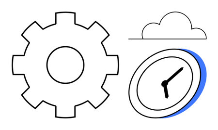 Gear symbolizes productivity, clock denotes time management, and cloud signifies digital...