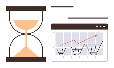 Hourglass beside a digital graph with shopping carts showing upward trends. Ideal for business,...