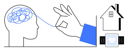Hands untangling brain lines, smartwatch with heart icon, and house icon. Ideal for mental health,...