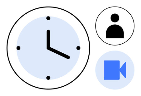 Clock face and icons of a person and a video camera suggesting coordination, scheduling, remote...