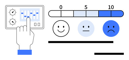 Hand operating control panel, satisfaction scale with numerical and facial feedback happy, neutral,...
