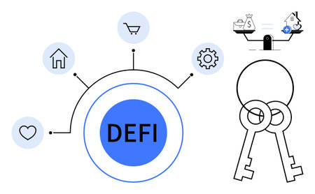 Decentralized finance DEFI concept. DEFI connects financial independence with balance, security, and...