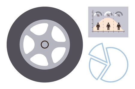 Wheel with pie chart and demographic graph blending mechanics and analytics. Ideal for automotive,...