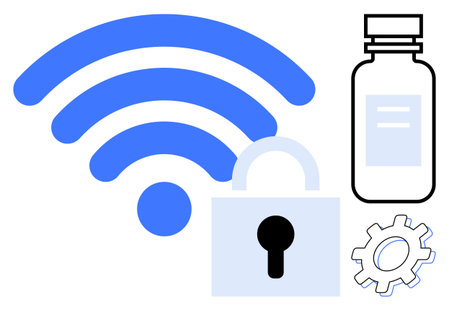 wireless signal, padlock, medicine bottle, and gear suggest connectivity, digital security, health...