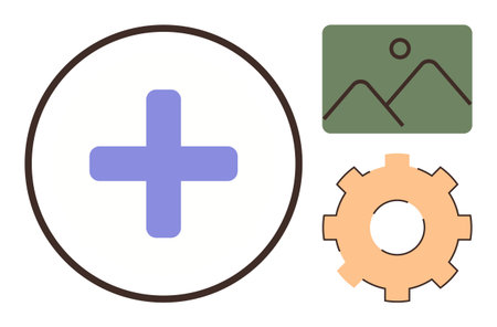 Blue plus icon, photo frame, and orange gear symbolizing addition, customization, and digital tools....