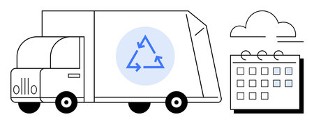 White recycling truck featuring three blue triangular arrows, a calendar with marked days, and a...
