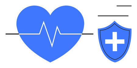 Blue heart with electrocardiogram line next to shield featuring cross, representing health,...