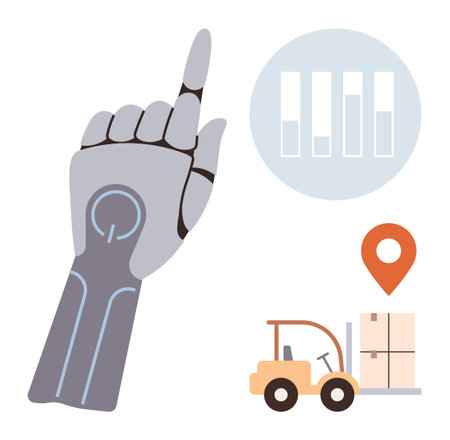 Robotic hand pointing upward, bar chart with data progress, forklift moving boxes, and location marker. Ideal for robotics, automation, AI, data analysis, logistics innovation and technologyのイラスト素材