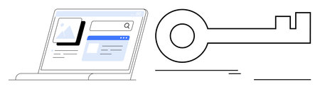 Open laptop screen displaying search result interface paired with a large key symbol. Ideal for SEO,...