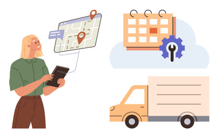 Woman using a tablet to track delivery on a digital map. Features calendar with gear icon and delivery truck. Ideal for logistics, route planning, scheduling, fleet management, e-commerce, supplyのイラスト素材