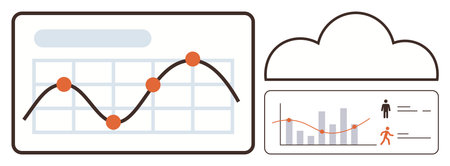 Line graph with data points, bar chart, and cloud symbol, connecting technology and analysis. Ideal...