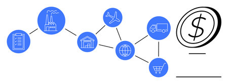 Blue interconnected circles show production facility, warehouse, airplane, globe, truck, shopping cart linked to dollar sign. Ideal for logistics, supply chain, global trade e-commerce exportsのイラスト素材