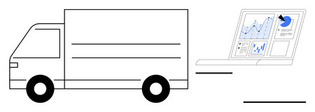 Delivery truck moving next to laptop with analytics dashboard, charts, and graphs. Ideal for...