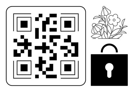 QR code, padlock, and floral art combine to symbolize digital security, data protection, and...