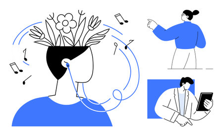 Person with blooming flowers from head listening to music, notes surrounding, pointing figure and individual with tablet. Ideal for creativity, teamwork, ideas, focus, inspiration, self-expressionのイラスト素材