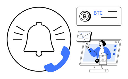 Financial technology. Finance symbols thumbs up notifications, Bitcoin, and online learning....