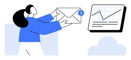 Woman holding an envelope with a notification badge, graph chart showing data trends, and a cloud....