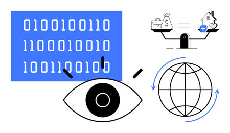Data analysis concept. Binary code, global networks, and financial balance data analysis in business...