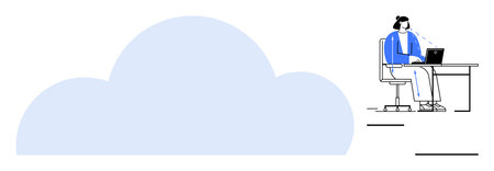 Cloud computing. Woman at desk using laptop highlights cloud computing for remote work. Cloud...