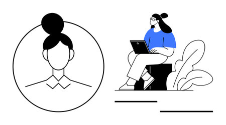 Technology concept. Technology illustrated with a profile avatar and a person using a laptop. Technology driving connectivity, remote work, and  interaction. Ideal for business, educationのイラスト素材