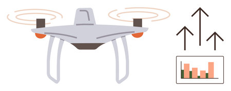 Flying quadcopter with spinning rotors, upward arrows symbolizing growth, and a bar chart for data...