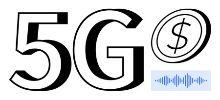 Bold 5G text with dollar sign and soundwave representing financial impact, connectivity, and...