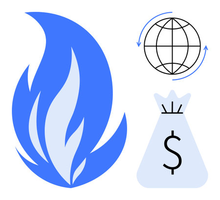 Blue flame, rotating globe, and money bag with dollar sign conveying themes of energy consumption, global economy, finance, sustainability, clean energy, trade, and resource managementのイラスト素材