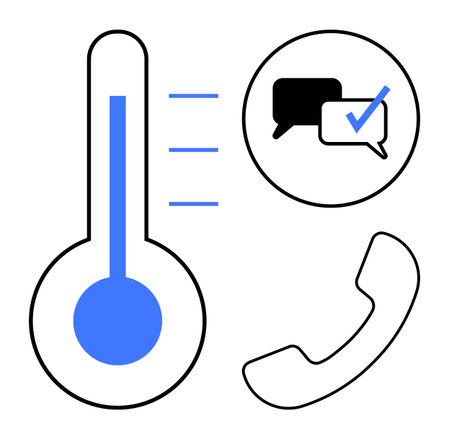 Blue thermometer with chat bubbles and check mark, alongside a phone icon. Ideal for communication,...