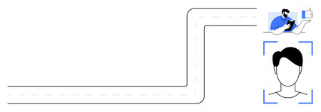 Curved roadway alongside a user profile frame with facial recognition and a person giving a...