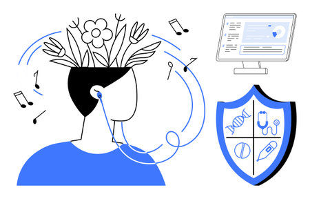 Person listening to music with flowers growing from head, surrounded by notes a shield and online health screen. Ideal for wellness, mental health, creativity, relaxation, self-care, healthcareのイラスト素材