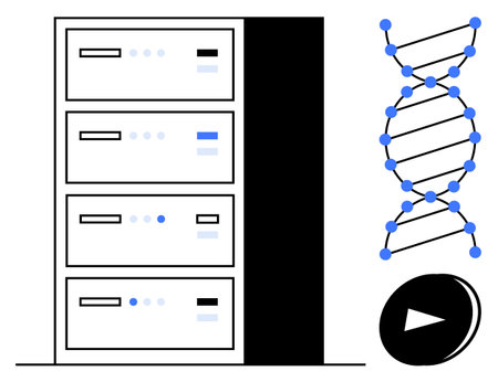 DNA helix and server rack for data storage beside a play button for media and computational...
