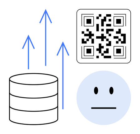 Stack of servers with upward arrows, QR code square, and minimal face icon. Ideal for tech...
