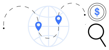 Globe outlined with two blue location pins, dashed travel path, magnifying glass, and currency icon....