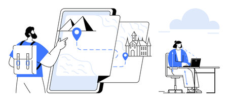 Travel concept. Travel combines digital mapping with exploration enhancing convenience. Travel tools...