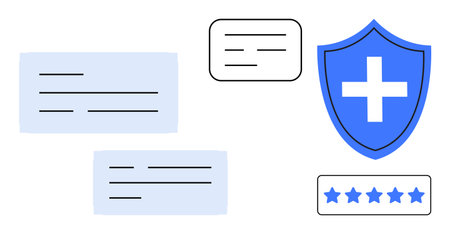 Healthcare, online security, communication, reputation management, customer feedback, medical services. Blue shield with plus sign, speech bubbles and a five-star rating. Healthcare and onlineのイラスト素材