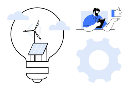 Light bulb with solar panel and wind turbine, man interacting with tablet, and gear graphic. Ideal for sustainability, innovation, technology, teamwork, green energy, efficiency modern solutionsのイラスト素材